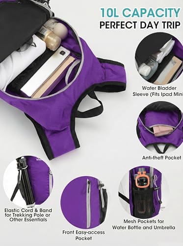 Foldable Small Hiking Backpack with 3 Strap Pockets – Lightweight 300D Spill-proof Daypack for Men Women – Packable Small Travel Backpack with Chest Strap & Trekking Pole Holder – Durable Outdoor Bag - color: Purple