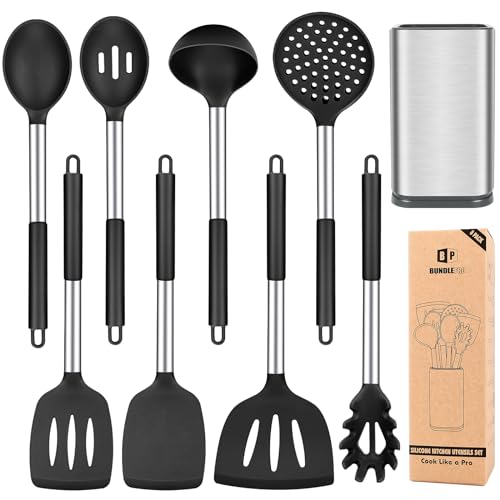 Silicone Cooking Utensils Set, 8 Pcs Kitchen Utensils with Holder, Black | BPA Free and Heat Resistant, Kitchen Tools for Non Stick Cookware include Spatulas, Turners, Spoons, Skimmer and Pasta Fork - color: Black