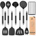 Silicone Cooking Utensils Set, 8 Pcs Kitchen Utensils with Holder, Black | BPA Free and Heat Resistant, Kitchen Tools for Non Stick Cookware include Spatulas, Turners, Spoons, Skimmer and Pasta Fork - color: Black