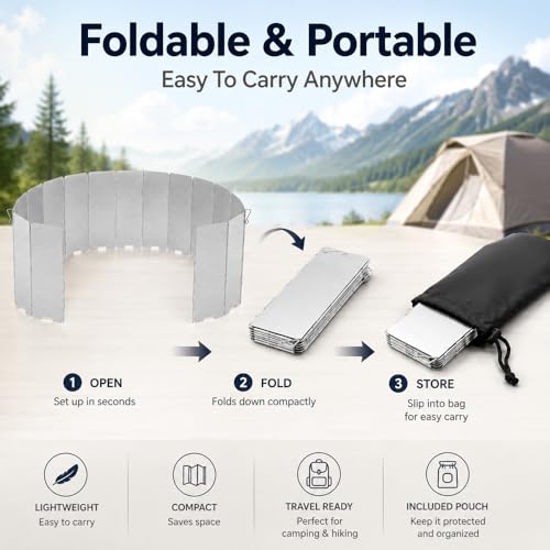 16 Pack Aluminum Camping Stove Windscreen, Foldable Lightweight Butane Burner Windshield with Storage Bag, Portable Outdoor Grill Wind Shield for Hiking, Cooking, BBQ, Backpacking - size: 16 Plates