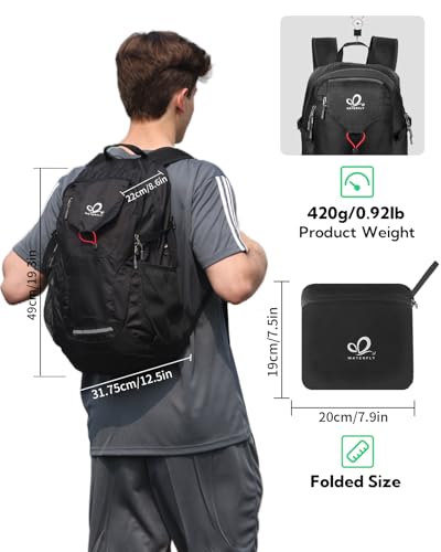 WATERFLY Lightweight Packable Hiking Backpack, 30L Day Pack Black | Foldable, Water Resistant Travel Daypack with Multiple Pockets, Wet Pocket, Ultralight Day Pack for Woman Man, Everyday Carry - color: Black