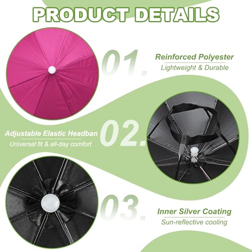 Umbrella Hat, Fishing Hat Hands Free Waterproof Adjustable Sun | Rain Cap Elastic Band Fit Camping - color: Rose Red