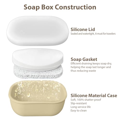 Leakproof Silicone Travel Soap Case with Drainage Layer, Silicone Bar Soap Holder Compact Portable Shatterproof Soap Container Box for Bathroom Gym Camp Travel Toiletries (Sand, Clear Lid) - color: Sand, size: Clear Lid
