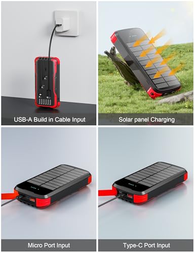 MINRISE Solar Power Bank 40000mAh, Portable Charger PD 20W Fast Charging - color: Red