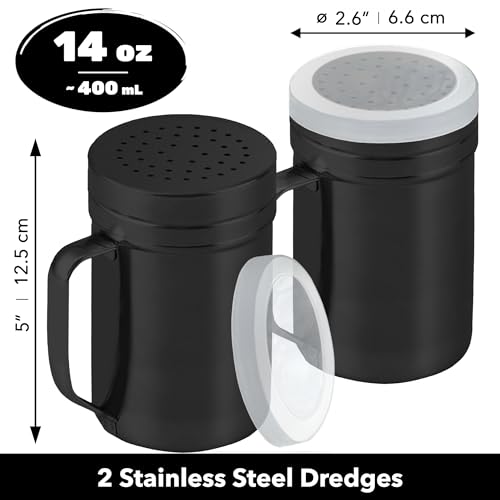 CUSINIUM 14oz Black Stainless Steel Salt Pepper Dredge Shakers - With Plastic Cap - With Handle - Pack of 2 - color: Black, size: 14 Oz