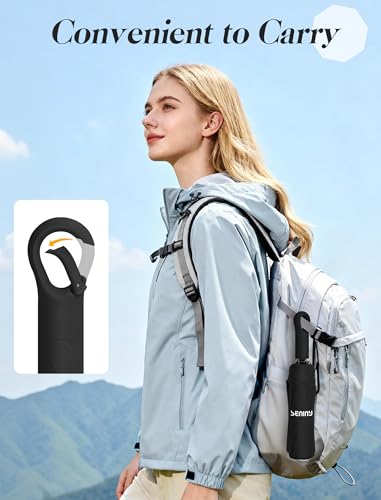 Seniny Umbrellas for Rain with Ring Buckle - Travel Umbrella Compact for Backpack, Car, Walking, Automatic UV Umbrella for Sun Protection, Small Portable & Folding Umbrellas for Windproof, Women Kids - color: Black