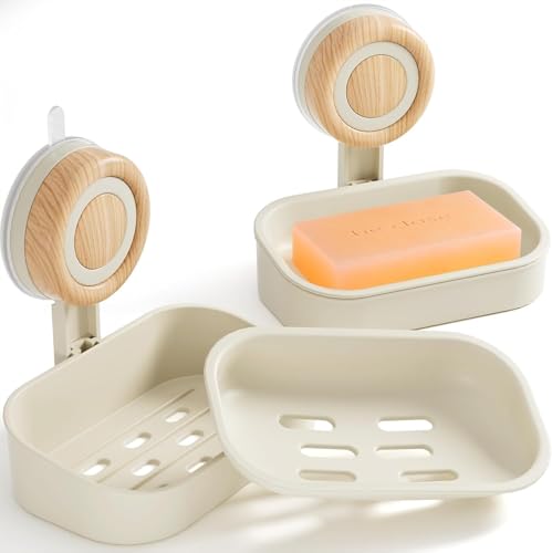Double Layer Soap Dish for Shower 2 Pack, Wall Mounted Bar Soap Holder Suction Cup 2 Layer Self Draining Soap Case Sponge Holder for Shower Bathroom, Tub and Kitchen Sink, Drill-Free Tray - color: Beige