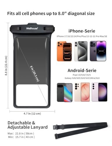 wellhouse Waterproof Phone Pouch, Waterproof Phone Case for iPhone 17 16 15 14 13 Pro Max XS Samsung, IPX8 3D Cellphone Dry Bag Beach Essentials (1 Pack - Black8.0, 8 inch) - color: 1 Pack - Black8.0"
