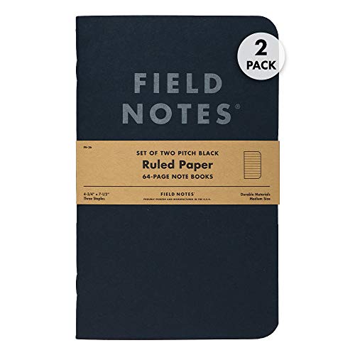 Field Notes 2-Pack Pitch Black Notebooks (4.75" X 7.5"), Ruled, 64 Pages | Thin Pocket Sized EDC Notebook With 90 GSM Paper & Paperback Cover | Work Notebooks For Note Taking | Made in the USA - size: Large Size (4.75" x 7.5") 2-Pack - Ruled Paper