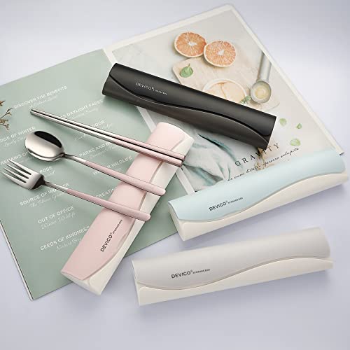 DEVICO Travel Utensils with Case, 4 Piece Portable Silverware Set for Work - color: Pink