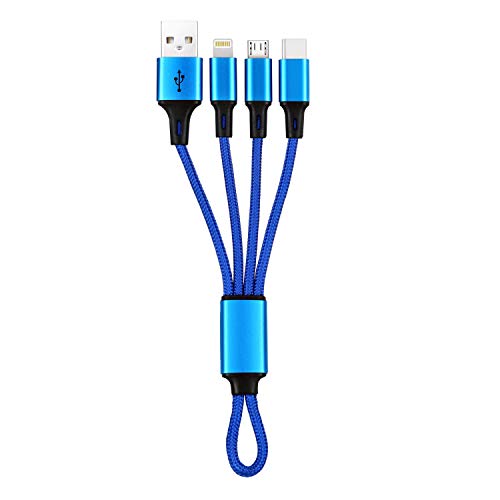 IFLASH 3in1 MicroUSB/Type C Cable, 3 in 1 Multi USB Charging Short Travel Size 8” Keychain Cord for Samsung Galaxy S10 S9 S8, Android Smartphones,iPhone 17 16 15 14 13 XS MAX XR X 8 7 Plus (Blue) - color: Lightning + TYPE C + Micro (Blue)