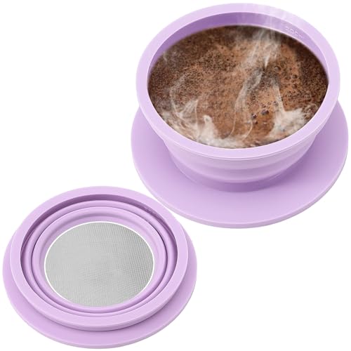 Collapsible Paperless Pour Over Coffee Maker with Stainless Steel Mesh Filter, Silicone Camping Coffee Maker Pour Over for 1~2 Cup, Reusable Collapsible Travel Pour Over Coffee Dripper (Purple) - color: Purple