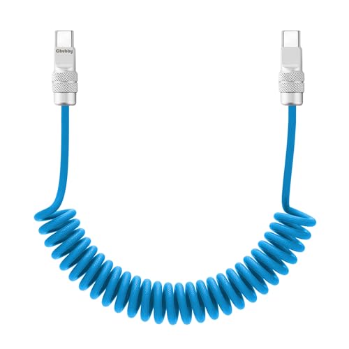 chubbycable USB C to C 240W Braided Coiled Charging Cable, Light Blue, 6FT | 45,000+ Bend Tested, 480Mbps Data Transfer, E-Marker Safety Chip, Strong Elasticity, Retracts to Stay Neat - color: Light Blue, style: Type C-Type C