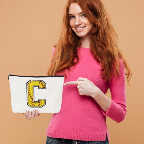 Softball Gifts Initial C Makeup Bag Softball Gifts for Team Cosmetic Bag | Letter C Monogrammed Zipper Pouch Softball Accessories for Girls Women Player Coaches Friend Graduation Birthday Gifts - color: Softball C, style: Softball