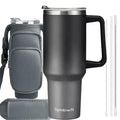 40oz Travel Tumbler with Handle and Straw, Water Bottle with Carrier Bag - color: Gray