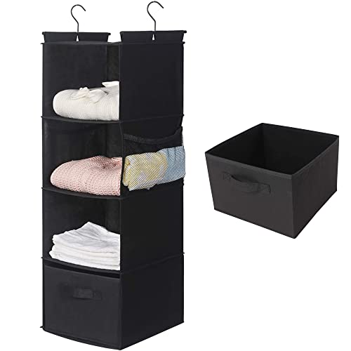 MAX Houser 4-Shelf Hanging Closet Organizer, Space Saver, Cloth Hanging Shelves with 2 Side Pockets, Foldable (Black) | Foldable Fabric Hanging Shelves for Closet, Cloth Hanging Shelves with 2 sturdy hanging hooks, Small Space Saver - color: Black-1