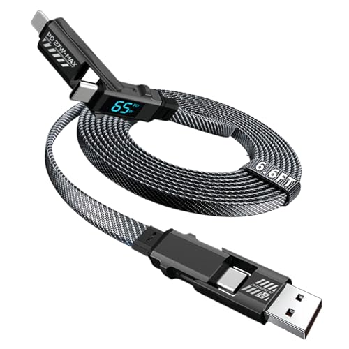 4-in-1 USB Charging Cable with Wattage Display (65W, 6.6FT) | USB A/C to USB C/L Port, Compatible with iPhone 17-12/MacBook/Tablet/Samsung S25/S24 Phone & More, Carplay Cable