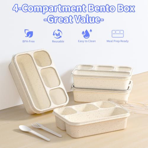 Bento Box 5-Pack, 4-Compartment Lunch Box for Women, Men & Kids, BPA-Free Wheat Straw Snack Containers, Ideal for Meal Prep, Travel, School, Work (White) - color: White