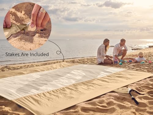 WEKAPO Beach Blanket Sandproof Waterproof, Extra Large Beach Mat, Oversized & Compact Sand Free, Quick Drying Beach Essentials for Vacation, Cruise, Picnic & Camping with Stakes - color: Beige, size: 7x7 FT (1～3 person)