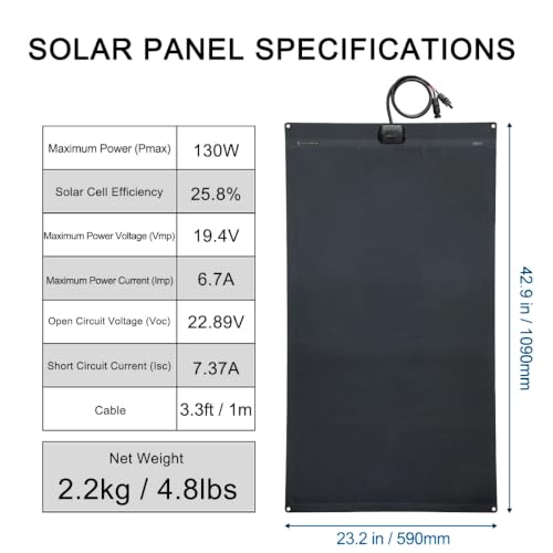 130W Full Black Flexible Solar Panel,42.9in x 23.2in | Semi-Flexible Bendable Mono Solar Panel,Back Contact,ETFEfor RV Van Roof TopCamping Home Boat Marin - size: 130W/23.2in x 42.9in