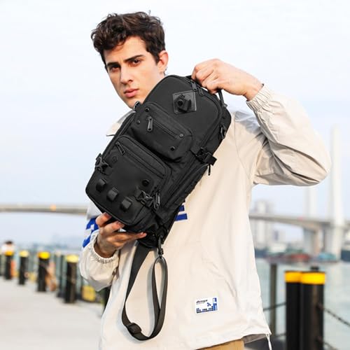 OZUKO Sling Bag for Men, Waterproof Crossbody Backpack, EDC Chest Pack | Tripod Holder for Travel, Hiking, Photography, Commuting - color: Black