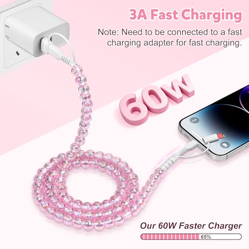 Coolden USB C Cable Multi Charging Cable Pink Beaded Phone Charger Cord | USB to USB C Cable for iPhone Charger Cord 60W Type C Charger Fast Charging for iPhone 17 16 15 14 Pro Max,for Galaxy S26 S25
