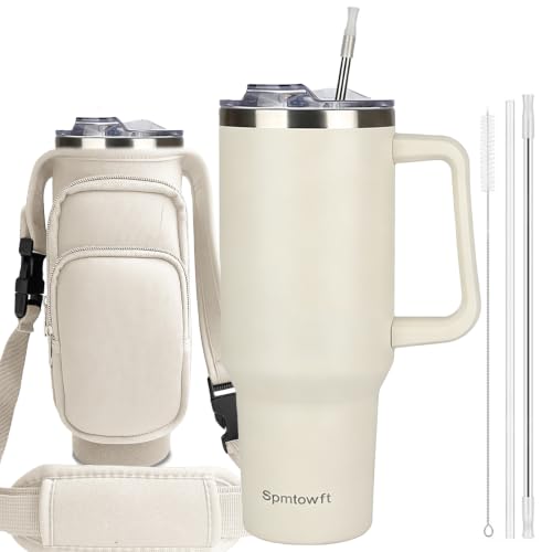 40oz Travel Tumbler with Handle and Straw, Water Bottle with Carrier Bag - color: Cream