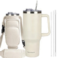 40oz Travel Tumbler with Handle and Straw, Water Bottle with Carrier Bag - color: Cream