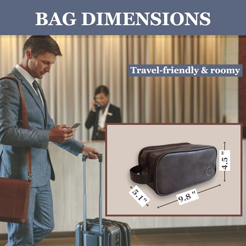 Premium Men’s Toiletry Bag with Drawstring Pouch – Durable Water-Resistant Leather-Look Travel Organizer for Shaving, Grooming & Hygiene Essentials (Dark Brown) - color: Dark Brown