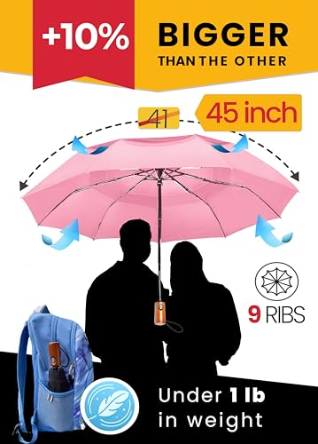 Raintrend Windproof Travel Umbrellas for Rain Automatic +10% Bigger Canopy Strong Frame Compact Folding Portable Umbrella for Women Men Backpack Purse - color: F Pink