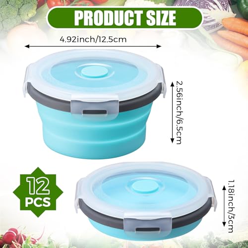 Domensi 12 Pcs Collapsible Bowls with Lids Silicone Camping Food Storage Container Foldable Expandable Folding Salad Lunch Box Leakproof Travel Container for Back to School Hiking Camping, Blue