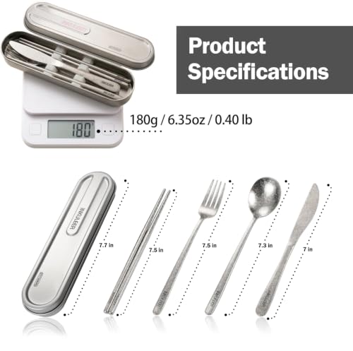 iNKULEER 100% Pure Titanium Travel Cutlery Set | Reusable Utensils with Metal Case | Portable Silverware for Camping, Office, Travel & Outdoor Dining - color: Titanium