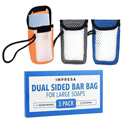 IMPRESA Exfoliating Large Bar Soap Scrubber Pouch - Pack of 3, Fits Bars to 4.58×2.75×1.5 in - Dual-Sided Mesh & Body Scrubber - Wrist Strap & Quick-Dry Soap Saver Case - Compatible with Duke Cannon