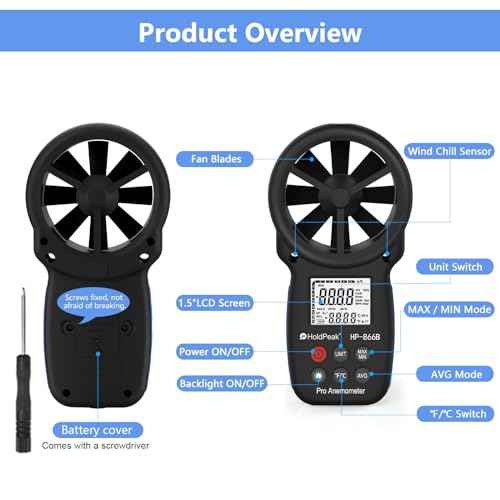 [2 PCS] HoldPeak 866B Handheld Anemometer, Digital Wind Speed Gauge Meter, Air Flow Velocity Temperature CFM Measuring Device for HVAC Outdoor Sailing Shooting Golf - color: 866B (2 PCS)