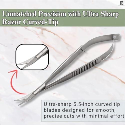 Micro Scissors 5.5" Curved Snip Embroidery Scissor Extra Sharp Tip Eyebrow Trimming Scissor Spring action Sewing Arts & Craft for Grooming thread Premium Stainless Steel Squeeze Applique Scissors. - style: Single