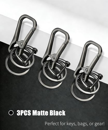 Metal Key Chain Carabiner Clip with Key Ring and D Ring | Heavy duty build, full accessory packs, quick release, multi purpose hook, belt loop holder, separate home and car fob sets - color: 3 Pcs Black