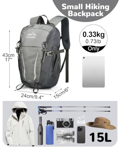 15L Small Padded Hiking Backpack with Chest Strap for Men Women, Lightweight Waterproof Daypack for Travel, Gray - color: Gray