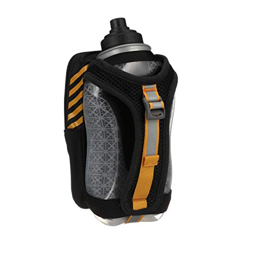 Nathan SpeedView Insulated Handheld Running Water Bottle Flask 18oz – Double-Wall Insulation, Ergonomic Grip, Blast Valve Cap, Phone & Key Storage Pockets, Reflective Design - color: 18oz Flask Clearview - Black