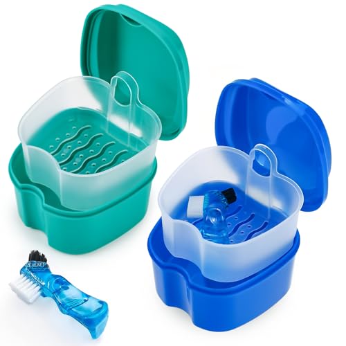 Keedolla 2 Pack Color Retainer Cleaner Case Denture Cups for Soaking Dentures, False Teeth Container Partial Denture Cleaning Case with Lid Travel - Lake Green and Dark Blue - color: Lake Green & Dark Blue
