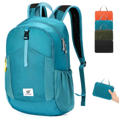 SKYSPER Small Packable Hiking Backpack 20L Anti-theift Travel Daypack | RFID Ultralight Foldable Walking Backpack with Water Bottle Holder, Nylon, Multi-compartment, Everyday Carry for Men Women - color: Cyan