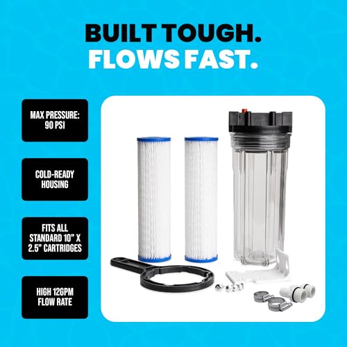 Cold Plunge Water Filter System, 10" Housing with 3/4" NPT Ports, 2× 50 Micron Pleated Filters, Mounting Kit & Wrench, Inline Sediment Filtration for Ice Baths, Whole House, Pool or Spa Use - style: Housing + 2 Filter