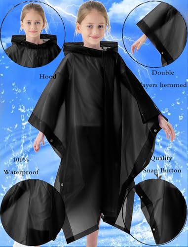 2 Pack Raincoats for Kids, Kids Rain Jacket Reusable Rain Ponchos for Boys and Girls - color: Black