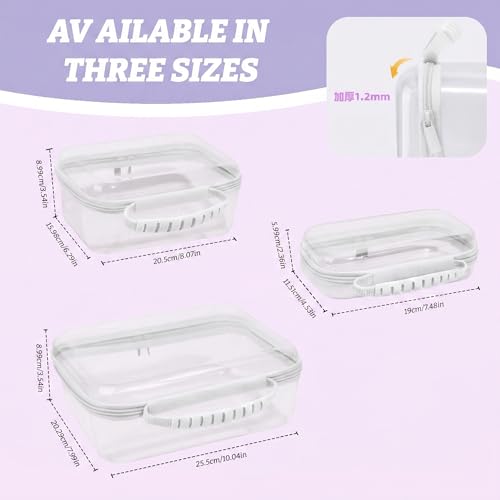 3 Pack Deep Clear Hard Shell Zipper Cases with Handle (White) | Travel Toiletry Bag, Waterproof 1.2mm PET Hard Plastic Pouches, Organizer Box for Makeup, Toy, Snack, Stationery, Diaper - color: White Handle(L+M+S)