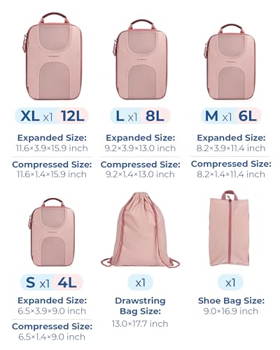 BAGSMART 6 Set Compression Packing Cubes, Travel Luggage Organizer Bags - color: 02-Baby Pink