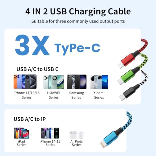 Cruise Essentials 4 in 2 Multi Charging Cable, USBA/ C Phone Charger Cord | Three C Port Charging Cords for Multiple Devices,USB C Charger Cord for iPhone 17-11/Galaxy/Tablets/PS Home,Office,2Pack 5FT - color: Red&Blue&White&Green