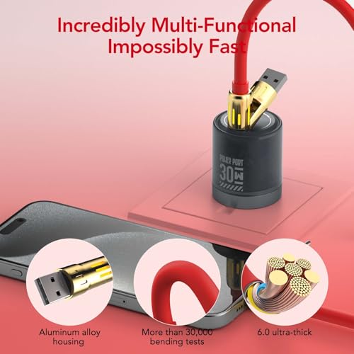 MFish 240W 4-in-1 Fast Charging Cable, Red, 6.6FT | Carrying Case, USB-A & USB-C to USB-C/Lightning, For iPhone 17/16/15/14, MacBook, iPad, Laptop, Samsung S25/S24 - color: Red, size: 6.6Ft