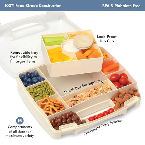 PrimaStella Snacktainer Travel Snack Box - 15 Compartment Snackle Box with Handle and Removable Tray with Leakproof Dip Cup - for Snacks, Road Trips, Airplane Travel (Cream) - color: Cream