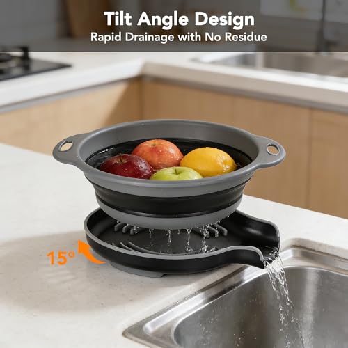 Collapsible Colander Set of 3 with Kitchen Counter Self-draining Base, Round Silicone Food Foldable Strainer for Cooking Pasta, Vegetables and Fruit (3QT, 4QT and 5QT), Black