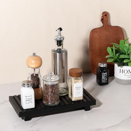 Bathroom Tray Rustic Farmhouse Decor Wood Stand, 11" * 5.5" Black | Waterproof, Lightweight, Easy Clean, Wood Riser Kitchen soap holder Accessories for Office Desk, Vanity, Counter, Sink - color: Black, size: 11" x 5.5" x 1.6"
