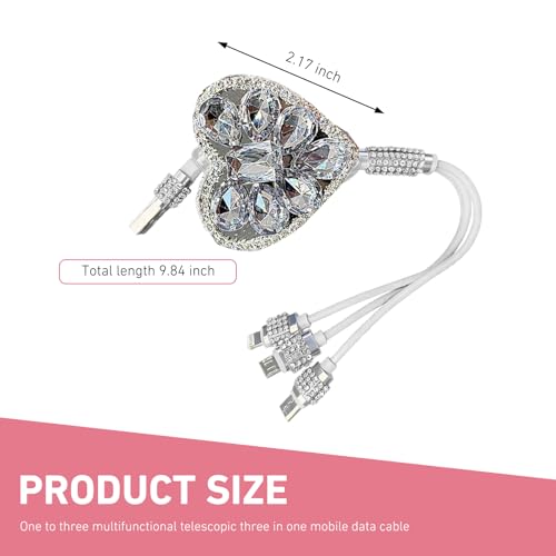 3-in-1 Car Retractable Multi Charging Cable, Rhinestone Heart Data Sync & Fast Charger with Lightning/Micro/Type-C USB Connectors for Most Phones (White) - color: White